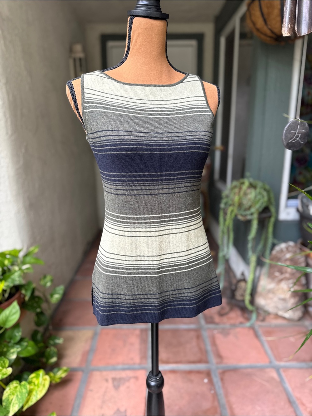 Valerie Stevens Navy, Olive & Cream Striped Sleeveless Knit Tank